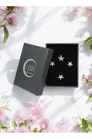 İnce Yapraklı Çiçekli Taşlı Gümüş Takı Seti 925 Ayar Şık Ve Zarif Kadın Aksesuarı Gümüş