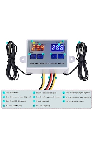 Yate10 W1088 Ac 220v 10a Çift Kontrollü Termostat