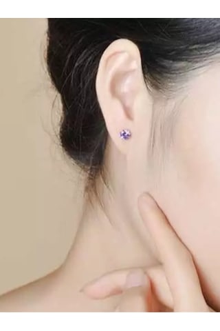 Brezza Lusso Jewelry 925 Ayar Ametist Taşlı Mor Renk Yuvarlak Tektaş Bayan Gümüş Küpe
