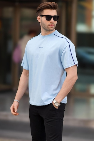 Madmext Mavi Oversize Bisiklet Yaka Tişört 7009 Mavi