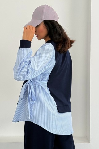 Ded Collectıon Kadın Çizgili Gömlek Detaylı Yandan Bağlamalı Uzun Kol Boru Paça Alt Üst Modal Takım Lacivert