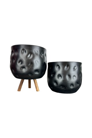 Bitki Tasarımı Ev Dekorasyon Aksesuar Siyah Desenli Toprak Saksı Saksılık Salon Çiçeklik İkili Set Ayaksız - 3 Ayaklı- 19 CM