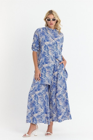 Schık Kadın Viskon Rahat Bol Paça Truvakar Kol Önü Düğme Baskılı Takım Saks