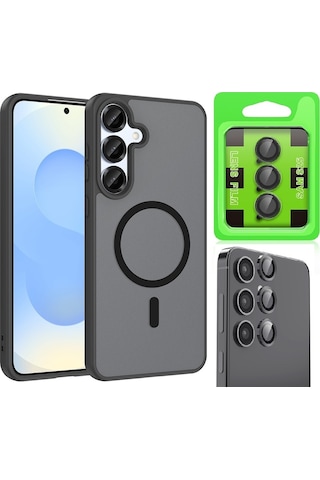 Vendas Samsung Galaxy Uyumlu S25 Kılıf M-safe Şarj Özellikli Zore Babet Kapak + Kamera Lens Koruyucu Siyah