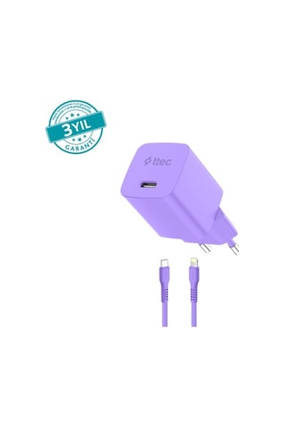 2scg20lnmr Ttec Smartcharger Gan 20w Pd Seyahat Hızlı Şarj Aleti + Usb-c - Lightning 120cm Kablo Neon Neon Mor
