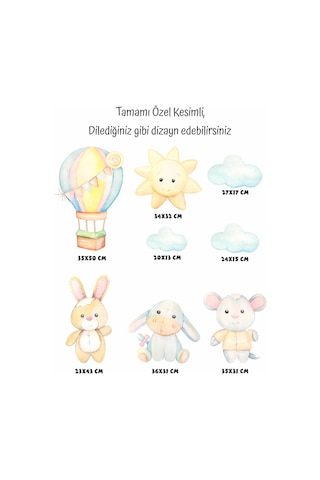 MSticker Sevimli Figürler Uçan Balon, Tavşan, Fil, Bulut Sticker Seti