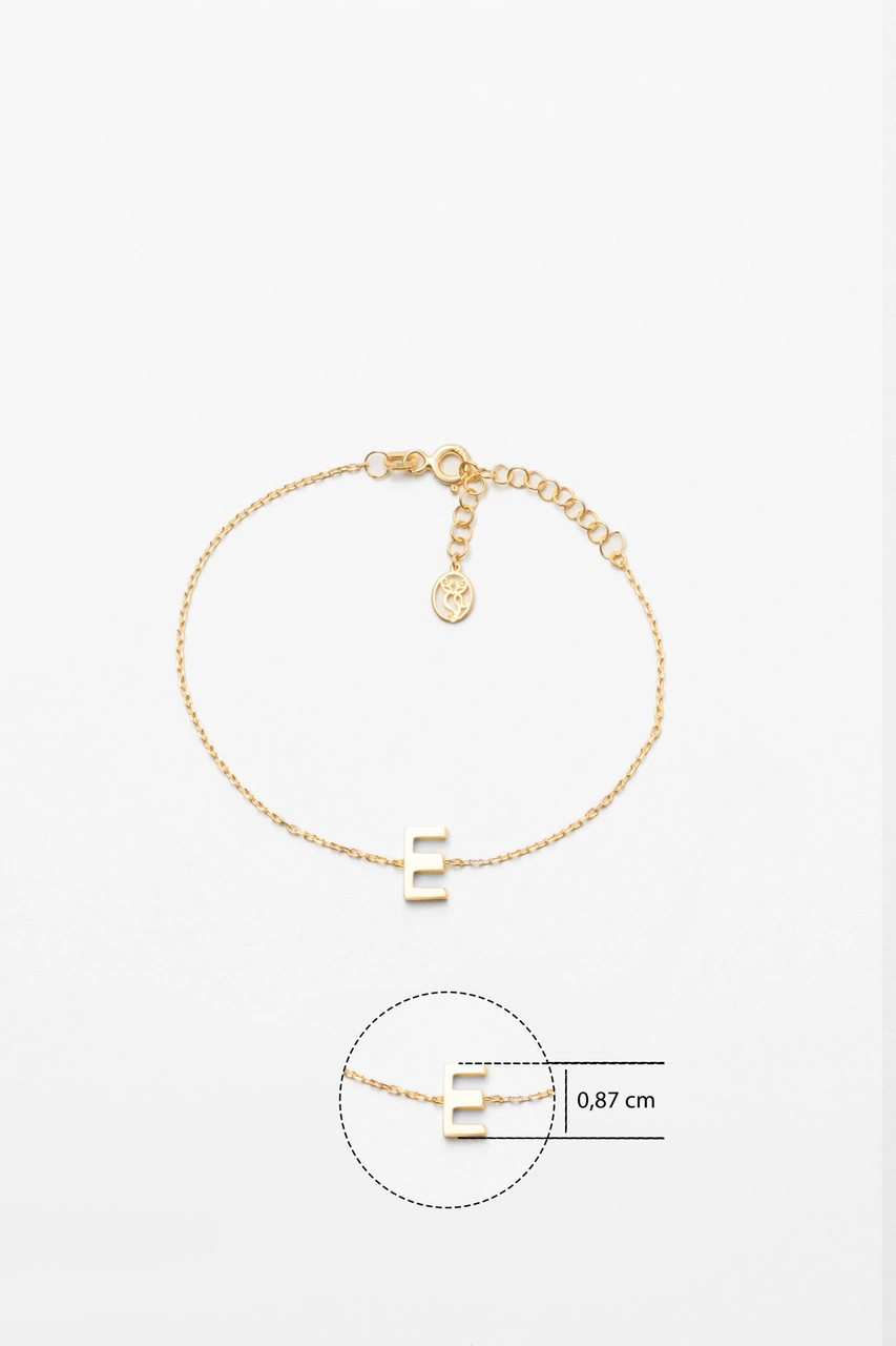 E Harfi 18 Ayar Sarı Altın Kaplama 18 Cm Gümüş Bileklik Sarı