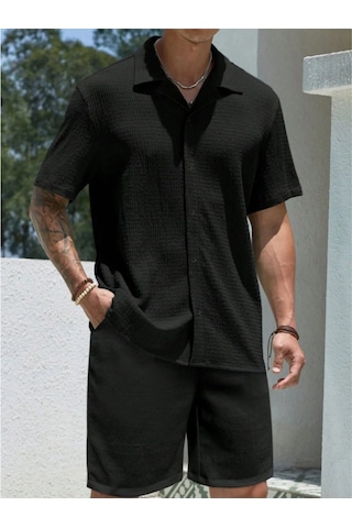 Alaçatı Stili, Erkek, Bürümcük, Krinkıl Kumaş, Yazlık Likralı Gömlek, Ve Şort Jogger Takım, Kombini Kum - Siyah