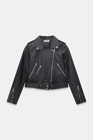 Sââde Kadın Relax Fit Gömlek Yaka Kemerli Cepli Suni Deri Biker Crop Ceket - Fermuar Detaylı Siyah