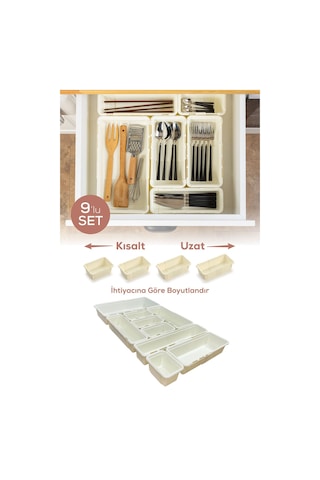9'lu Set Ayarlanabilir Çekmece Içi Düzenleyici Kutu Uzayıp Kısalabilen Organizer Seti 4a2b2c1d Krem