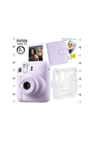 Fujifilm Instax Mini 12 Fotoğraf Makinesi + 20'lu Film + Kare Albüm + Şeffaf Kılıf Seti Lila