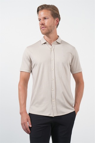 İmza Bej İtalyan Yaka Kısa Kol Cepsiz Slim Fit Pamuklu Gömlek 1004260158 Koyu Bej