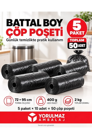 Battal Boy Çöp Poşeti 72x95 Cm 5 Paket, Toplam 50 Adet Her Paket 400 Gr, Toplam 2 Kg Ev, Ofis, Kafe Ve R Battal Boy Çöp Poşeti 72x95 Cm 5 Paket, Toplam 50 Adet Her Paket 400 Gr, Toplam 2 Kg Ev, Ofis, Kafe Ve R