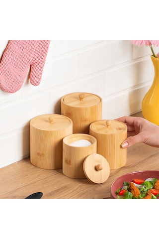 Porsima 4361 Bambu Çok Amaçlı Saklama Kabı Organizer 4lü Baharat Seti Bambu
