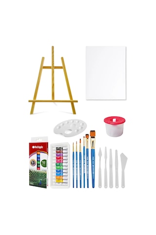 Mini Şövale Akrilik Boya Seti 9 Ml 12 Renk Tuval Seti 25x35 Plastik Spatula Seti Çok Renkli
