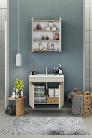 Biani Fix Loft 75 Cm Banyo Dolabı,Seramik Lavabolu, Aynalı,Lavabo Dahil,Mdf,Latte