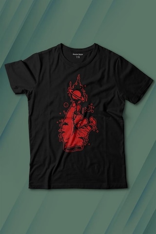 Kendim Seçtim Uzayda El Satürn Halkaları Çizimli Lolipop Hellfire Ateş Baskılı Tişört Çocuk T-shirt 001
