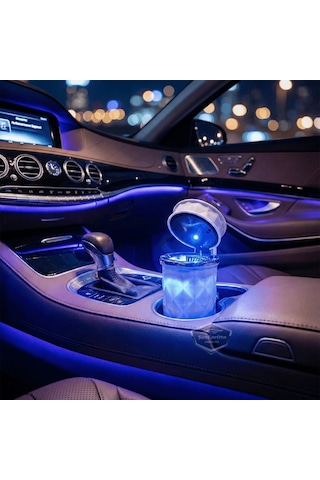Üniversal Kristal Pırlanta Taş Görünümlü Mavi Led Işıklı Lüx Oto Küllük Kapaklı Spor Araç İçi Küllük Araba Küllüğü Beyaz