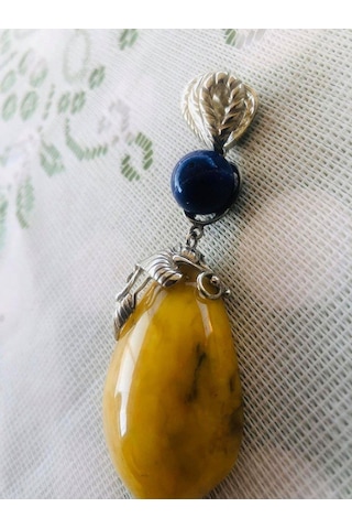 Doğal Kaya Damla Kehribar Lapis Lazuli Taşlı Kolye Ucu 21,35 Gram