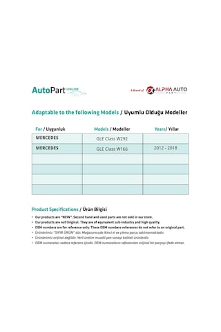 Mercedes Gle Class W292, W166 İçin Sunroof Ayak Tamir Seti- 72 Cm