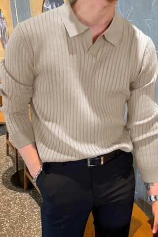 Cool Tarz Erkek Polo Yaka Triko Kazak Slim Fit Fitilli Bej