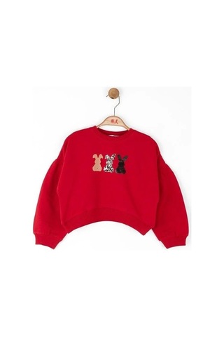 Kız Çocuk Pamuklu Orta Kalınlık Tavşan Baskılı Sweatshirt-14716 Kırmızı