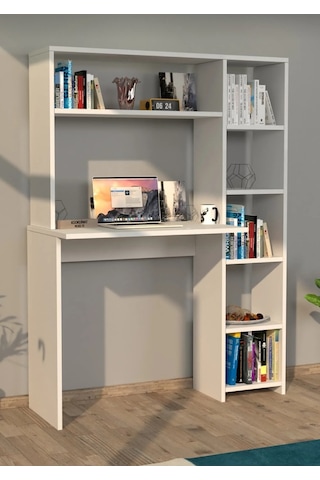 Kitaplıklı Kütüphaneli Çalışma Masası Beyaz