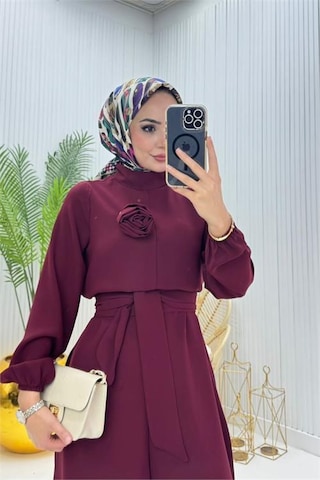 Kadın Bordo Kuşaklı Gül Detaylı Salaş Tulum Dpnms003 Bordo
