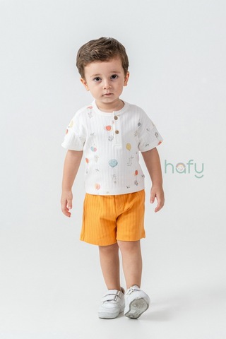 Hafy Baby Henley Yaka, Balon Desenli, Erkek Bebek / Çocuk Şortlu Takım Ekru - Hardal