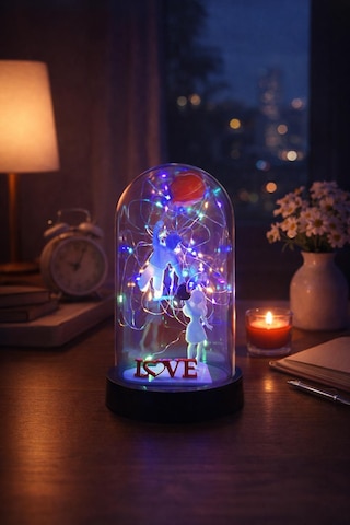 Fanus İçinde Çift Figürlü Love Yazılı Peri Led Dekoratif Sevgili, Yıl Dönümü, Doğum Günü Hediyesi Beyaz Kırmızı