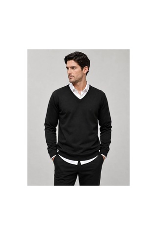 Neco Giyim Erkek Slim Fit V Yaka Pamuklu Siyah Kazak Siyah