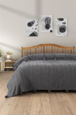 Çift Kişilik Ponponlu Triko Örme Battaniye Koyu Gri