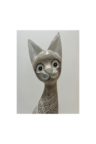 Ahşap Dekoratif Kedi 60 Cm K.kahve Otantik El Yapımı Biblo