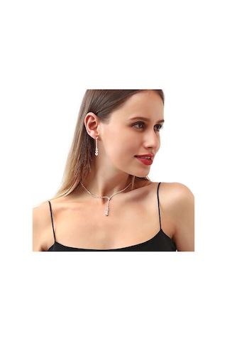 Ehediye Chavin Düğün Nişan Kına Damla Taşlı Kadın Kolye Küpe Set Eg87 Beyaz