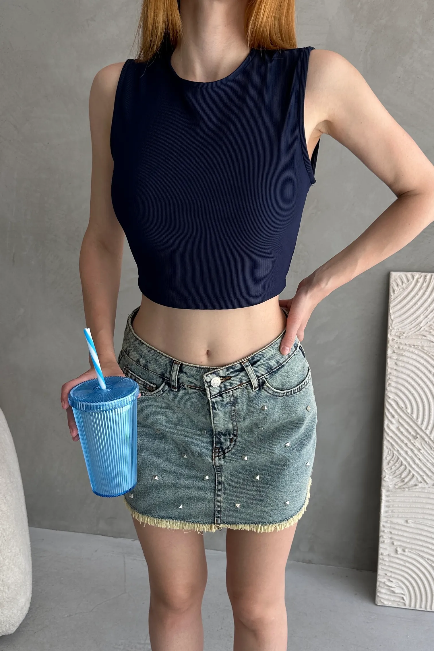 Nido Sırtı Kemer Detaylı Kaşkorse Crop Bluz Lacivert