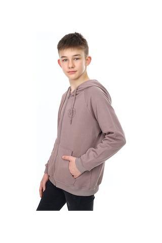 Toontoy Kids Toontoy Erkek Çocuk Kapüşonlu Fermuarlı Cepli Düşük Omuz Baskılı Reglan Kol Örme Hırka - 3 İplik Şardonsuz Kahve