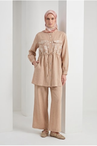 Armine Trend Çiçek Desenli Beli Büzgülü Tunik Ve Geniş Paça Pantolonlu Takım Bej 26yt6156