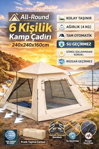 Aile Boyu 6 Kişilik Otomatik Çadır Piknik, Tatil Ve Kamp Için Geniş Tasarım Bej Acı Kahverengi