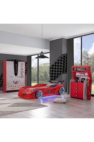 Setaymobilya Sports Çocuk Odası - Jaguar Arabalı Yatak Dolap Şifonyer -Kırmızı