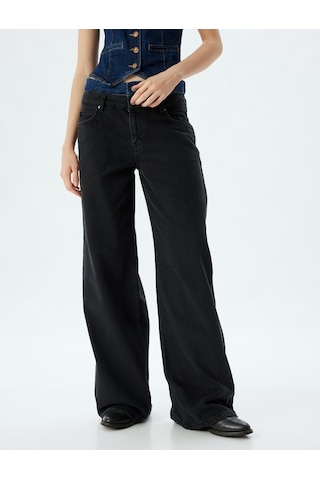 Koton Bol Kot Pantolon Çift Bel Detaylı Düğmeli Yıkamalı - Loose Straight Fit Jean Siyah 5wal40083md Siyah