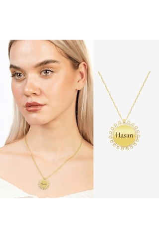 Tesbihane Zirkon Taşlı Güneş Tasarım Gold Renk Kişiye Özel İsim/harf Yazılı 925 Ayar Gümüş Kadın Kolye
