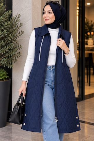 Esra Butik78 Kadın Kapitone Yelek Uzun Boy Fermuarlı Tesettür Yelek Siyah