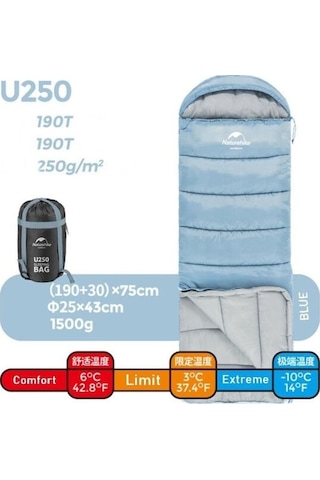 Naturehike U250 Uyku Tulumu Mavi Renk Mavi
