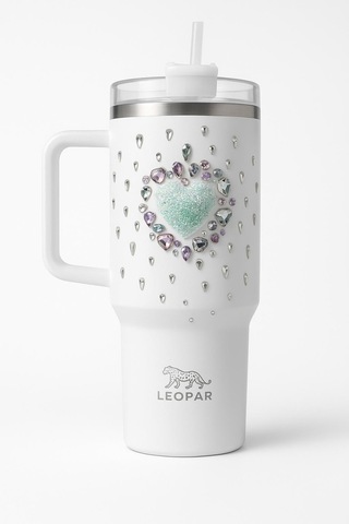 Pipetli 1,2 Litre Kulplu Çelik Termos Renkli Üzeri Taş İşlemeli - Beyaz Beyaz