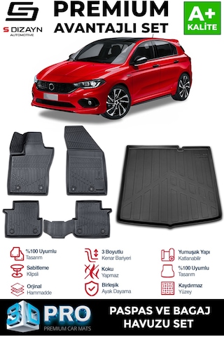 S-dizayn Fiat Egea Hb 3d Pro Havuzlu Paspas Ve Bagaj Havuzu Seti 2'li Set 2015 Üzeri A+ Kalite