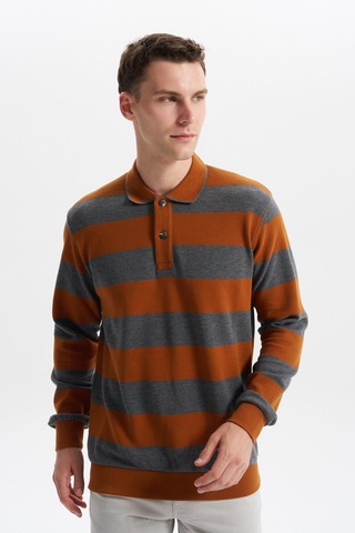 AR-MA Arma Erkek Ribanalı Regular Fit Çizgili %100 Pamuk Ringel Ottoman Kumaş Polo Yaka Düğmeli Sweatshirt K30554952602 Kahverengi - Krem