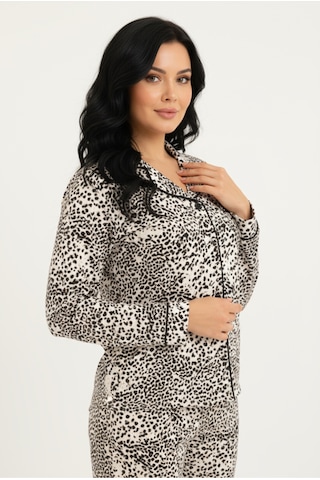 Bravie Luxury Viscose Siyah Beyaz Dalmaçya Desenli Kadın Uzun Kollu Büyük Beden Pijama Takımı 42533 LEOPAR