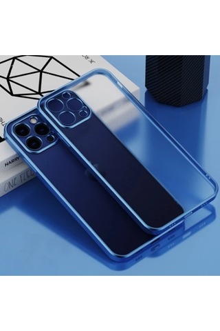 Apple iPhone Uyumlu 12 Pro Max 6.7inç Renkli Kenar Şeffaf - Kılıf Kamera Korumalı - Kılıf- 5775 Mavi