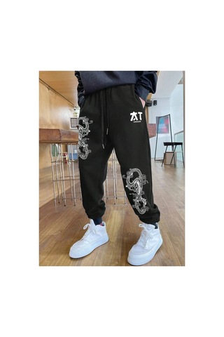 Tarzsokak Dragon & Letter Graphic Drawstring Waist Eşofman Altı Siyah