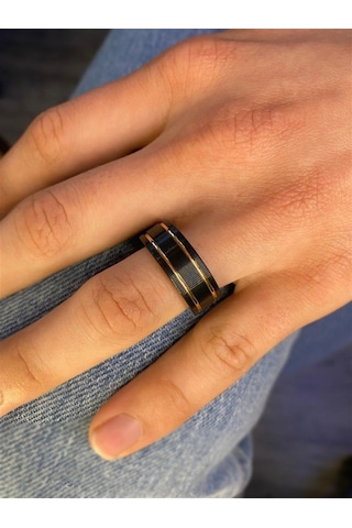 Erkek Tungsten Çift Bakır Çizgi Detay Yüzük Rose Gold